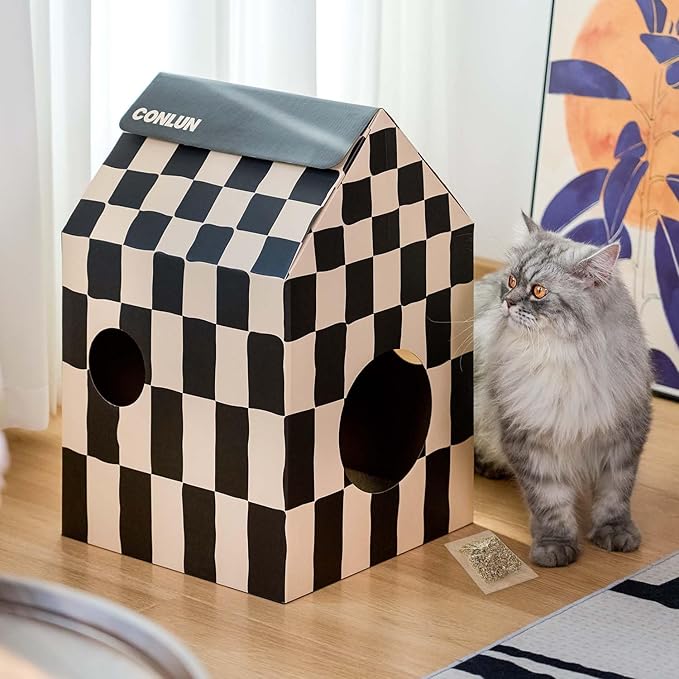 Conlun Cardboard Cat House with Scratch Pad & Catnip, Cat Play Scratching House for Indoor Hideaway Furniture, Heavy Duty Sturdy Cardboard Scratcher, Easy to Assemble Birthday Gift, Medium
