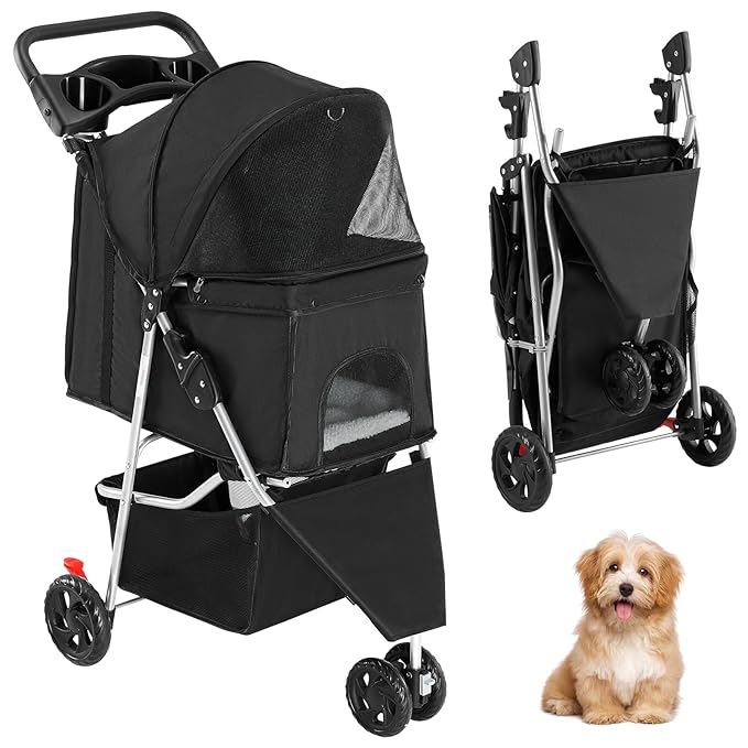 NEWBULIG 3 Wheel Pet Stroller for Dogs and Cats, Foldable, Lightweight and Durable for Small to Medium Pets, Includes Storage Basket and Cup Holders