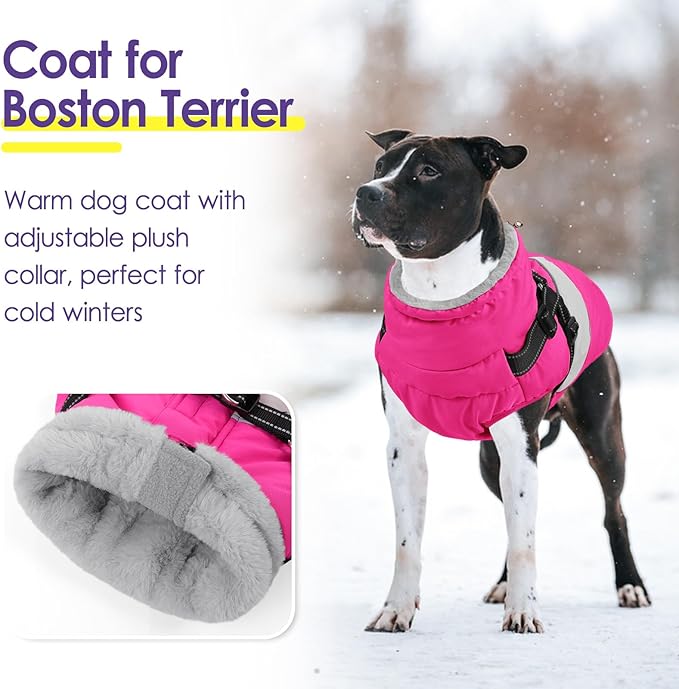 Dog Coat, XXL Dog Jacket Winter with Harness Built in, Waterproof Pet Snow Jacket with Furry Collar for Chilly Day, Reflective Fleece Snowsuit for Extra Large Dogs, Hot Pink 2XL