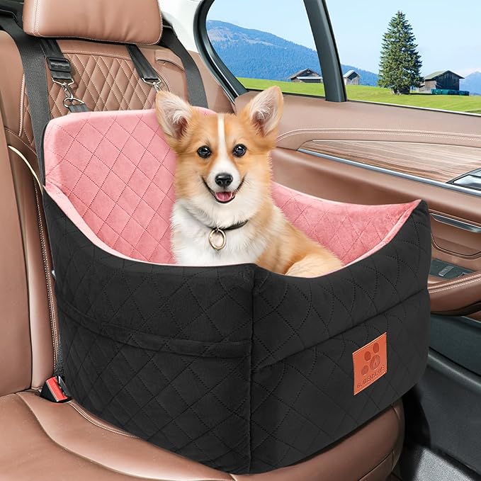 GL GLENSLAVE Dog Car Seat for Small/Medium Dogs, Dog Booster Car Seats with Thick Cushion for Dogs Under 35 lbs, Detachable Washable Pet Carseat with Storage Pockets, 2 Safety Belts(Black/Pink)