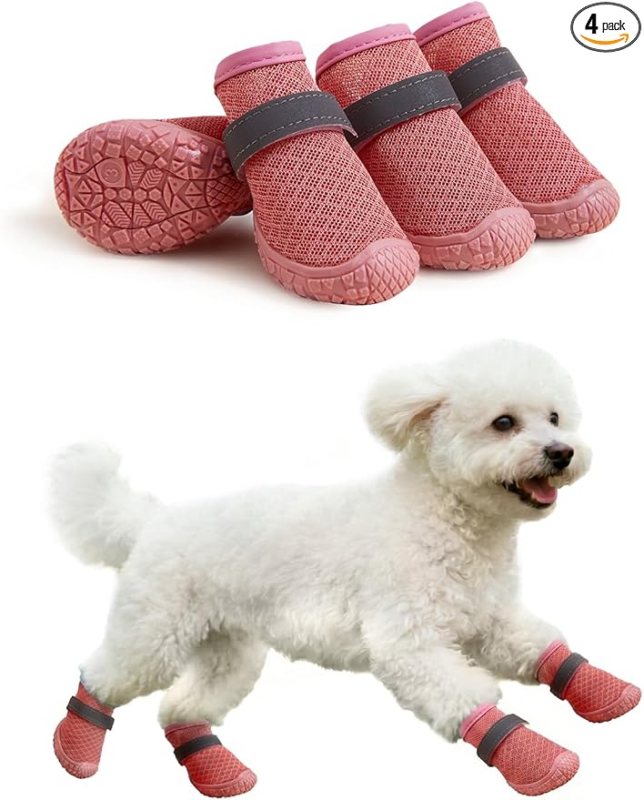 Dog Shoes Breathable Non-Slip Outdoor Booties for Small Medium Dogs, Pet Boots Paw Protector for Hot Pavement Hardwood Floors (Pink, Small)