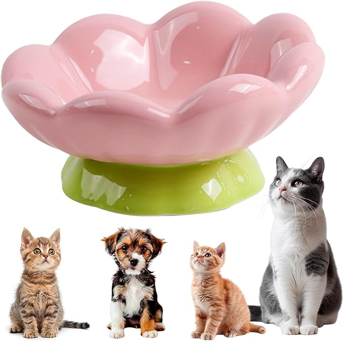DIF DECO Ceramic Raised Cat Bowl, Pink Elevated Food Bowls for Food and Water Protecting Spine and Whisker Friendly,Tulip Shape Cute Pet Feeder Dish for Indoor Cats and Small Dogs(Height 3.3 inch)