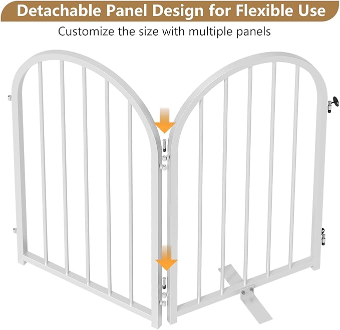 PUPETPO Full Metal Dog Gate with Door for Indoor Outdoor, 24" Tall Free Standing Pet Dog Fence, 72" Extra Wide Pet Gates for Stairs, Hallways, Doorways, Kitchen, Decks, Yards (White, 4 Panels)