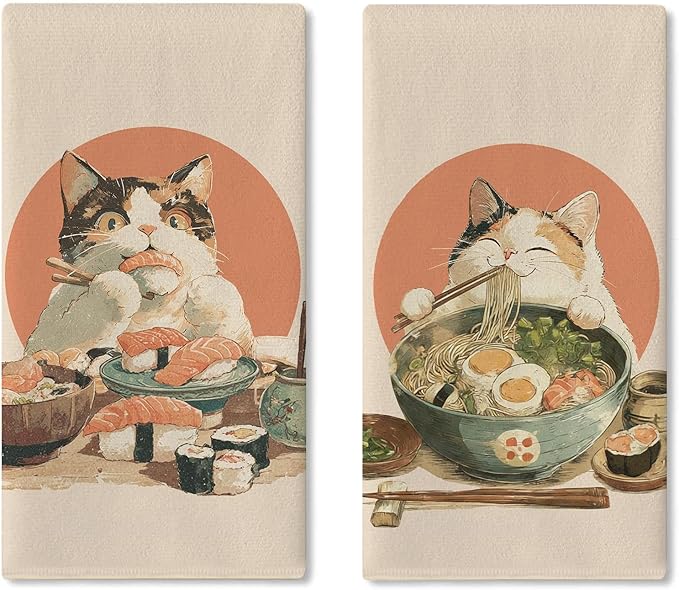 Funny Cat Japanese Food Kitchen Dish Towels Set of 2, Pet Sushi Ramen Noodles Drying Hand Towel Baking Cooking Cloth, Asian Cuisine Restaurant Dinning Room Home Decor 18'' x 26''
