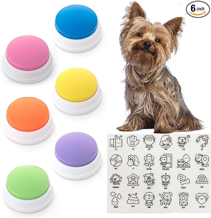 Talking Buttons for Dogs - Dog Training Push Buttons -Talk Commands into 6 Speaking Buttons with 24 Command Stickers for Easily Training Dogs