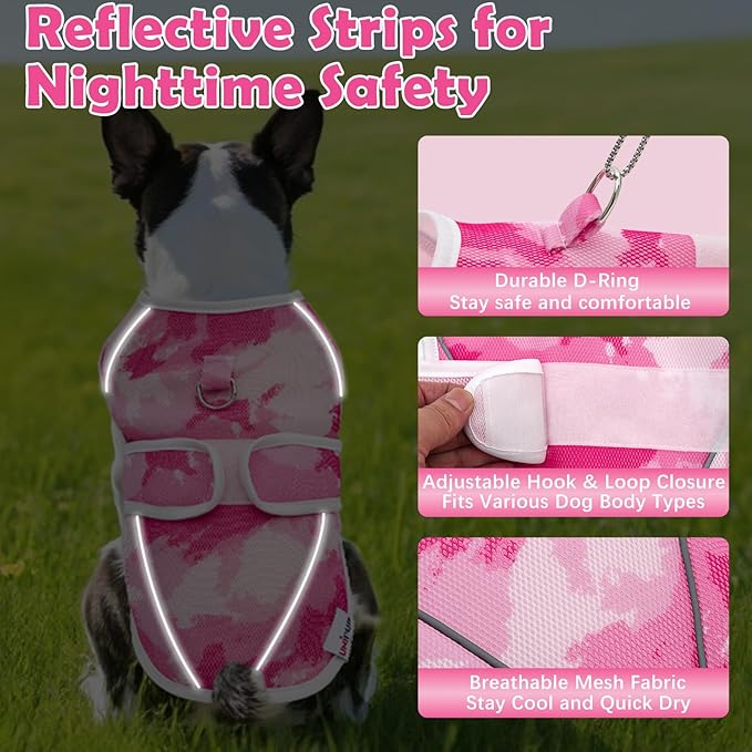 Dog Cooling Vest – Lightweight Pet Cooling Shirt 3D Breathable Mesh, Reflective Strips & UV Protection for Walking, Hiking, Park – Adjustable Fit Dog Cooler Jacket with D-Ring U-DCV01L