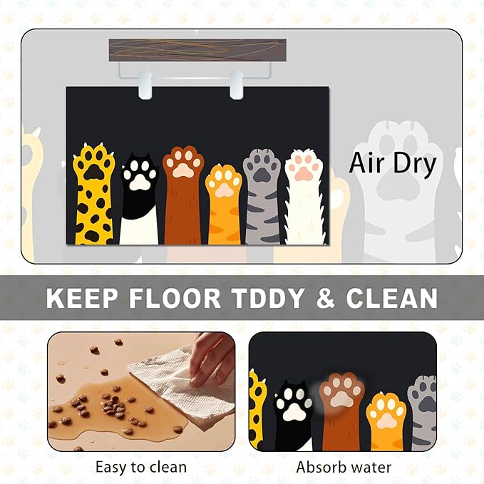 HOMETITUTE Cute Animal Paw Pet Food Mat Non Slip Spill Proof Feeding Pad for Cats Kittens Small Dogs Food and Water Bowl Mat Easy Clean Fast Dry Placemat for Pet Feeding Area Kitchen Decor 20" x 12"