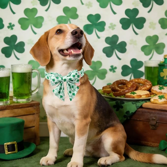 St. Patrick's Day Dog Collar with Bow Tie, Lucky Shamrock Bowtie Collar Adjustable for Girl Boy Dog, Trefoil Dog Collar Durable, Spring Green Collar for Dogs, XS