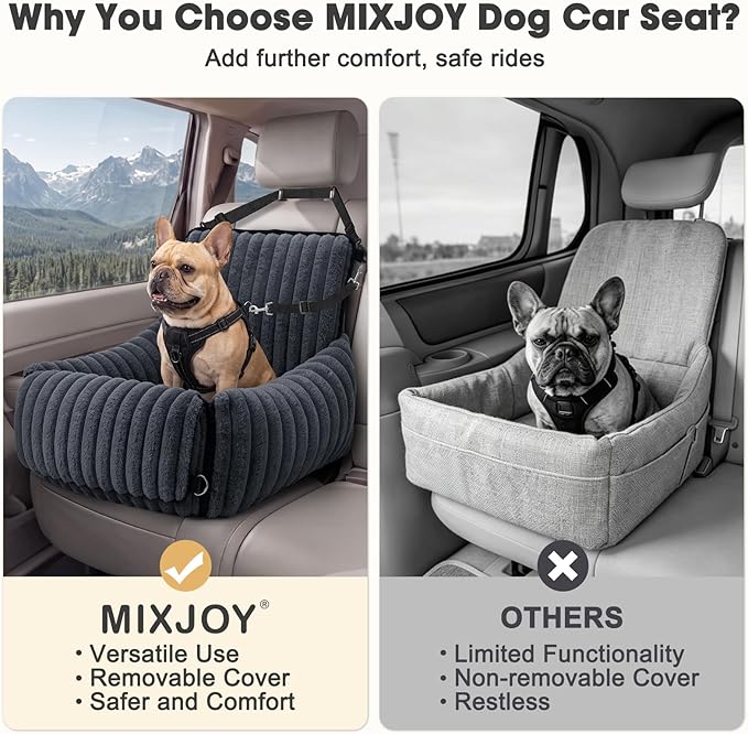 MIXJOY Dog Car Seat for Small/Medium Dogs up to 25 lbs, Multi-Functional Dog Carrier for Car with Detachable Washable Cover, Pet Travel Bed with Clip-On Safety Leash, Grey