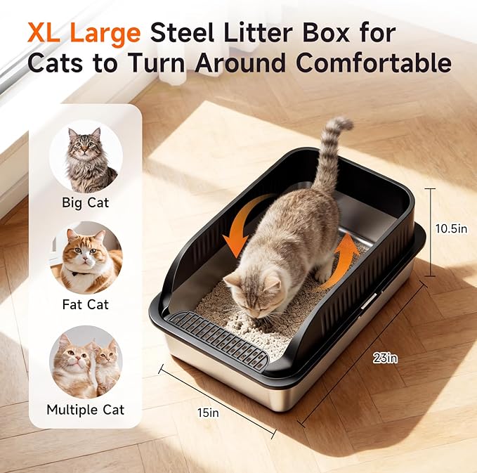 Extra Large Stainless Steel Litter Box with Lid, XL Odor Free Metal Litter Box with High Sides for Big Cats, Open Top Easy Cleaning Kitty Box Anti-Urine Leakage, Non-Sticky, Include Scoop, Black