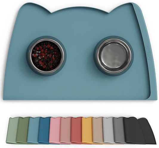 OHMO Dog Food Mat(Light Blue, 24 * 15'') w/Residue Collection Pocket Silicone Pet Feeding Mat for Floor High Edges Anti Spills Waterproof Cat Water Bowl Tray, Easy Clean Placemat