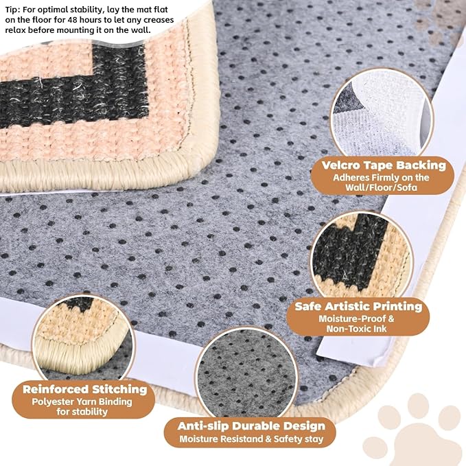 Cat Scratcher Mat, Natural Sisal Cat Scratch Pad, 23.6x15.7 Inch Horizontal Cat Floor Scratching Pads Rug with Hook & Loop to Protect Couch & Carpets & Sofas（Beige Black）