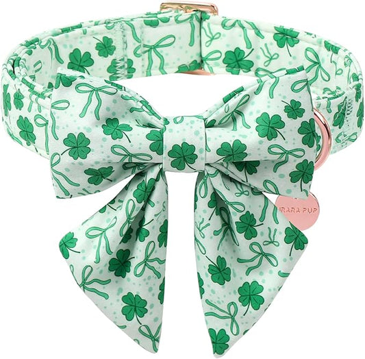 St. Patrick's Day Dog Collar with Bow Tie, Lucky Shamrock Bowtie Collar Adjustable for Girl Boy Dog, Trefoil Dog Collar Durable, Spring Green Collar for Dogs, S