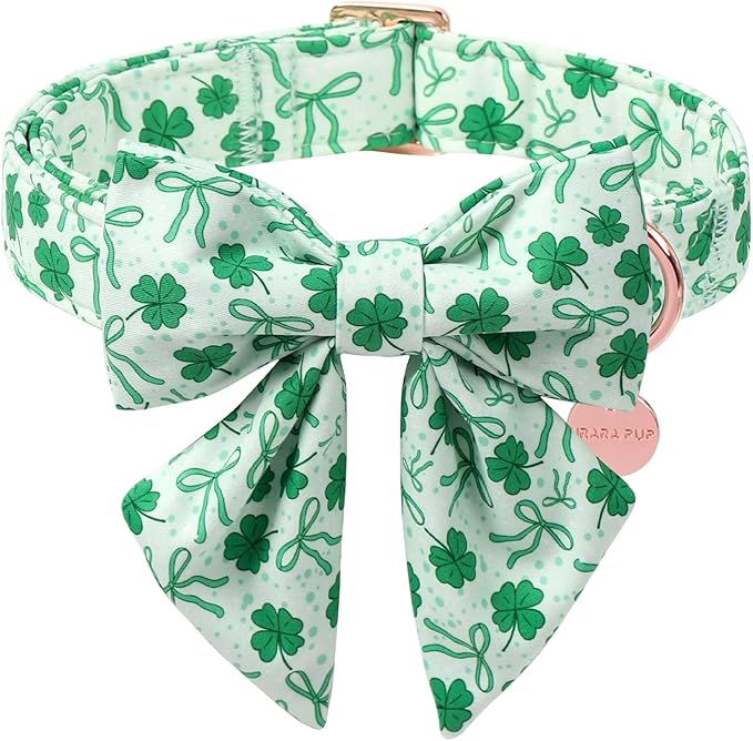St. Patrick's Day Dog Collar with Bow Tie, Lucky Shamrock Bowtie Collar Adjustable for Girl Boy Dog, Trefoil Dog Collar Durable, Spring Green Collar for Dogs, M