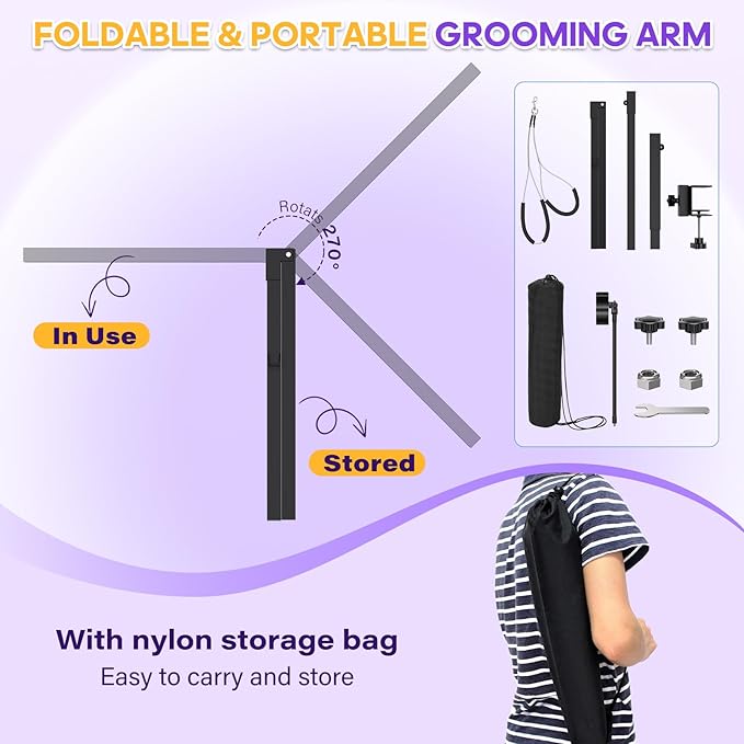 Dog Grooming Arm with Metal Clamp, Dog Grooming Table Arm & Hair Dryer Stand Hands Free Blower Hose Holder 2 in 1, Adjustable Grooming Arms for Tables with Loops for Groomers for Small Medium Pets