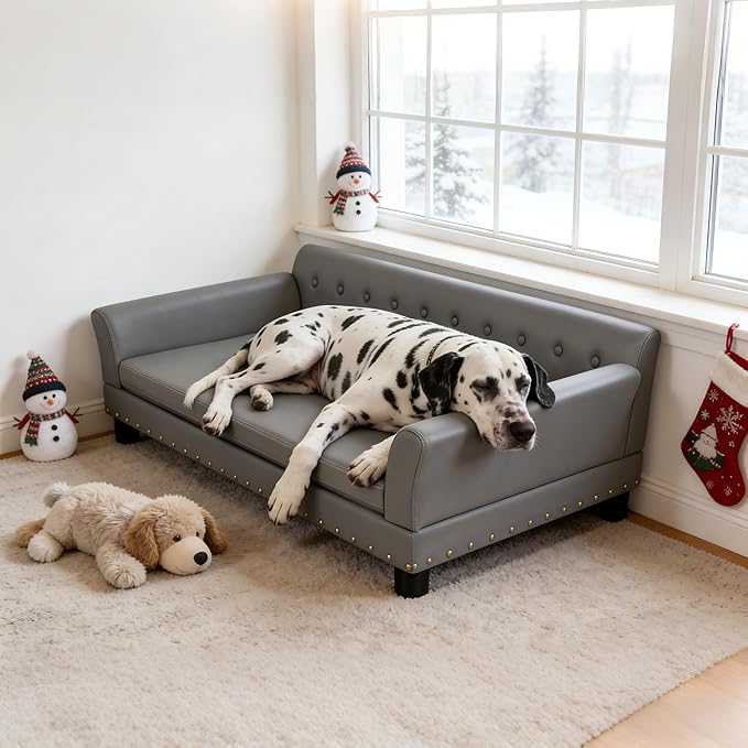 BingoPaw Large Leather Dog Sofa: Jumbo Pet Couch Made by Scratching Resistant Microfiber Leather - Indoor Elevated Dogs Chaise Bed for Doggy up to 120lbs