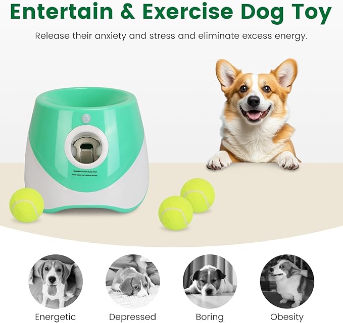 Automatic Dog Ball Launcher, Dog Ball Thrower Interactive Fetch Machine with 6 Tennis Balls 3 Adjustable Launch Distance for Small Medium Dogs
