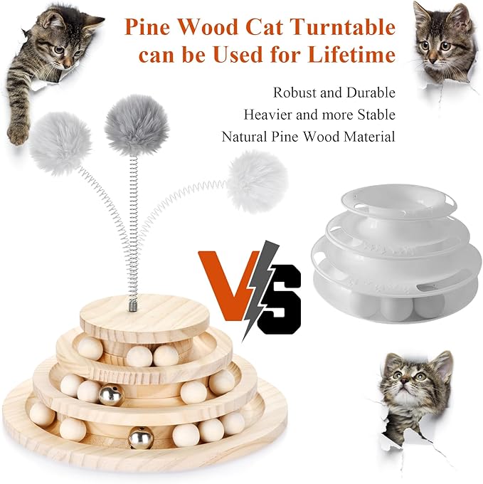 Large 2-in-1 Wooden cat Toy Tower with Spring cat Toy Stick, Indoor Interactive Track Ball and Bell Toy for Kittens - Puzzle Solving, Exercise and Play