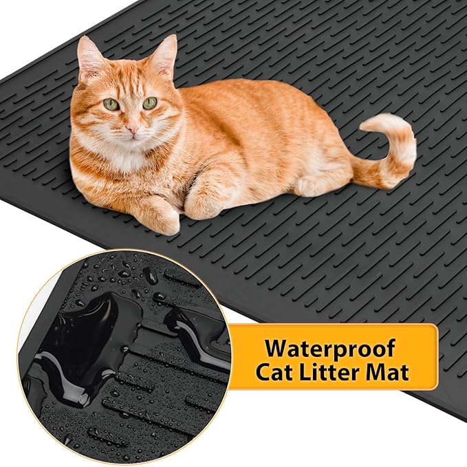 Large Cat Litter Mat 39x27 Inch, XL Waterproof Cat Litter Box Mat, Extra Large Litter Trapping Mat, Washable Rubber Cat Litter Catcher Mat for Multiple Cats, Black
