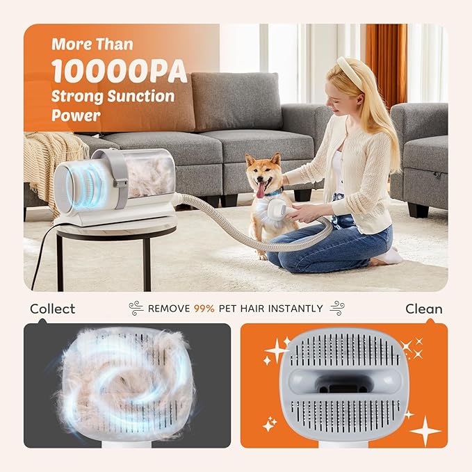 DUMOS Pet Grooming Vacuum Kit, 3 Adjustable Suction Modes Dog Clipper, 5 Professional Grooming Tools with Cordless Low Noise Cat Hair Clippers, 2.5L, Ivory