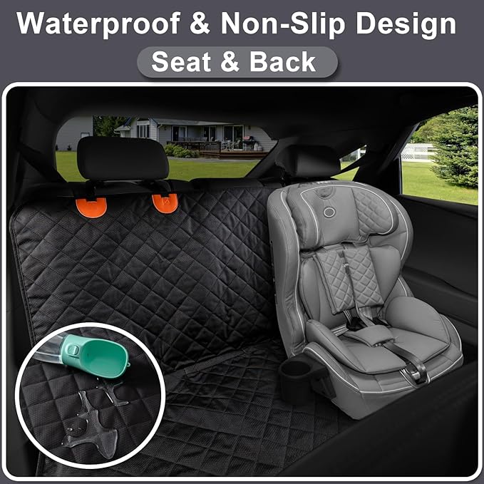 Dog Car Seat Cover for Back Seat, Waterproof and Non-Slip, Heavy-Duty Pet Seat Protector with Full Protection for Rear Bench on Cars SUVs Small Trucks (Black, Standard Back)