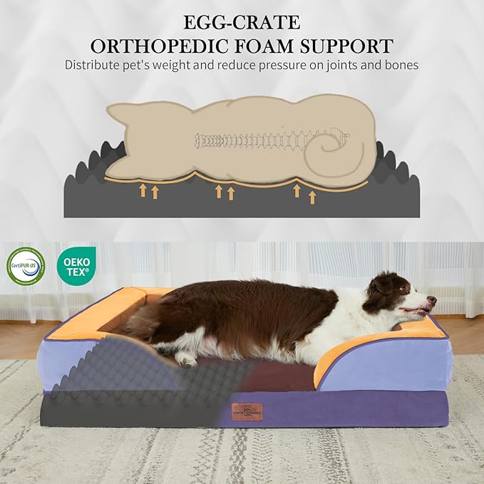 Comfort Expression Orthopedic Dog Bed for Extra Large Dogs 42x30 Inch, Waterproof Egg Crate Foam XL Pet Bed with Bolsters, Dog Couch with Washable Cover & Non-Slip Bottom, Honey Lavender