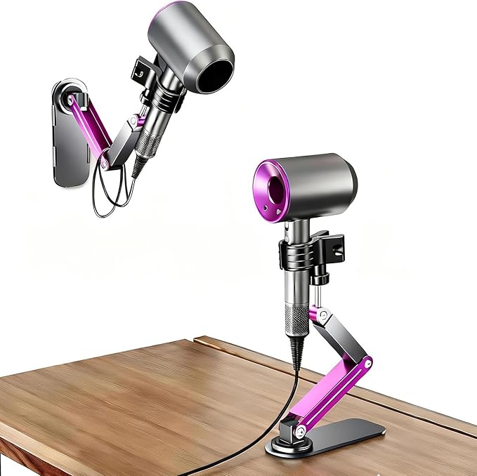 Metal Stable Hair Dryer Stand,Hands Free Blow Dryer Stand With Height & Angle Adjustable,Wall Mounted & Countertop Hairdryer Holder For Bathroom Bedroom Vanity,Compatible With 99% Hairdryers（Large）