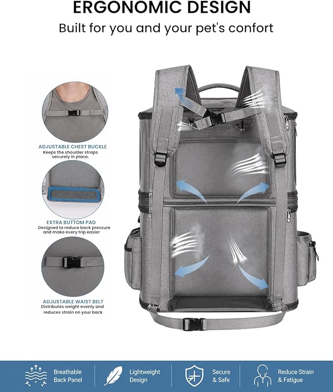 HOVONO Detachable Double Pet Carrier Backpack for Cats and Small Dogs, Cat Travel Carrier for 2 Cats(Up to 16 lbs Each), Perfect for Traveling/Hiking/Camping, Grey