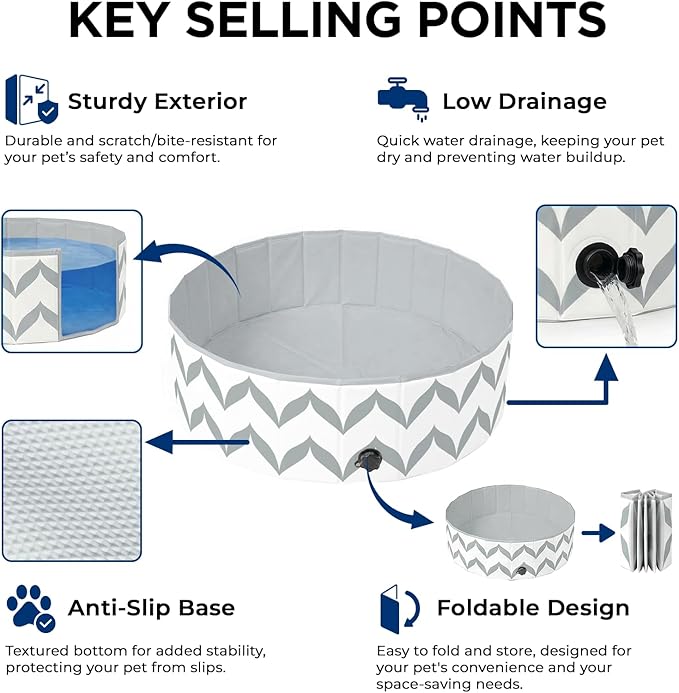 furrybaby Dog Pool for Large Dogs, Foldable Hard Plastic Pet Swimming Pool, Heavy Duty 0.5mm PVC with Non-Slip Bottom, Portable Kiddie Pool for Dogs, Pet Bath Tub for Backyard Summer, GW 63“