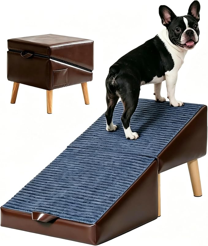 Dog Ramp for Small Dogs, 13.5" H-16 Wide Foldable Dog Stairs Ottoman for Bed and Couch,2 in 1 Pet Ramp & Steps,Split Ottoman Design,Non-Slip Wooden Pet Stairs for Puppy Senior Injured Dogs & Cats