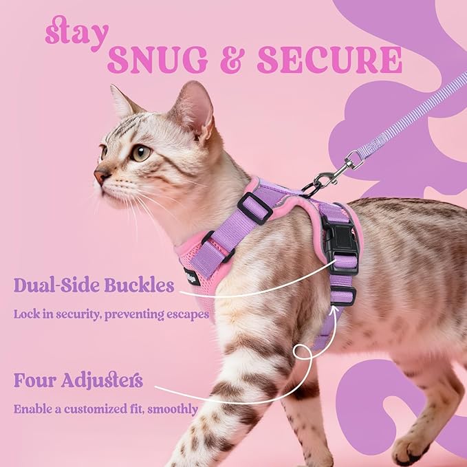 rabbitgoo Cat Harness and Leash Set, Escape Proof Vest Harness for Safe Outdoor Walks, Soft Breathable Adjustable Vest with Reflective Strips for Average to Large Cats, Pink & Purple, M