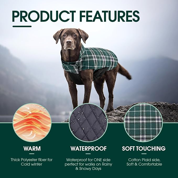 Kuoser Waterproof Dog Coat, Reversible Dog Jacket for Large Dogs, Adjustable Durable Doggie Winter Coat for Groowing Puppies Warm Puppy Cold Weather Apparel, Green L