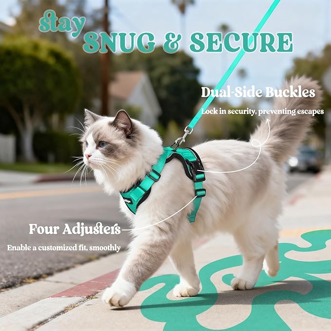 rabbitgoo Cat Harness and Leash Set, Escape Proof Vest Harness for Safe Outdoor Walks, Soft Breathable Adjustable Vest with Reflective Strips for Average to Large Cats, Emerald, M