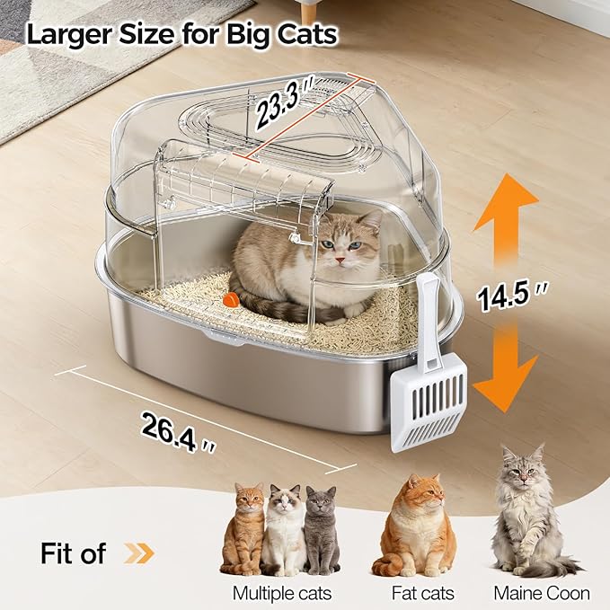 Chumajor XXL Stainless Steel Corner Cat Litter Box with Lid - Sturdy, No Odor & Space-Saving Hidden Design for Large Cats, White