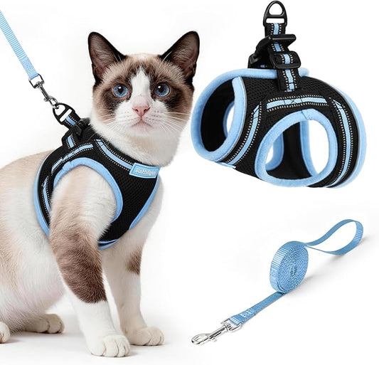 rabbitgoo Cat Harness and Leash, Step-in Escape Proof Kitten Harness Set, Soft Comfortable Cat Vest, Easy to Wear and Adjust, Reflective for Safe Outdoor Walking, Black&Light Blue, Large