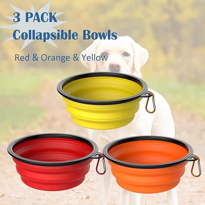 Collapsible Dog Bowls [3 Pack] 34 oz, Travel Dog Bowls, Pet Bowl Portable Foldable Water Food Feeding Dishes with Carabiner Clip for Traveling Hiking Walking-Red & Orange & Yellow