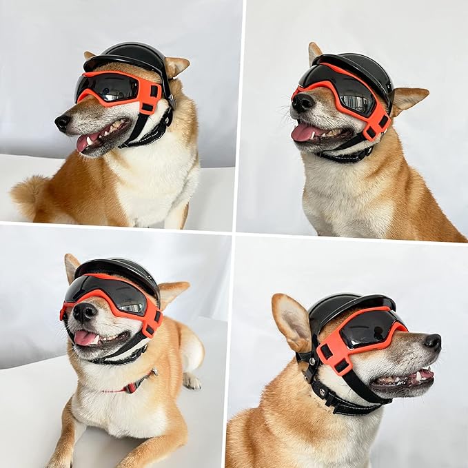Dog Goggles for Small Dogs with Helmet, 2PCS Doggy Sunglasses and Pet Motorcycle Helmet Set for Small Medium Breed Outdoor Driving Walking, Orange