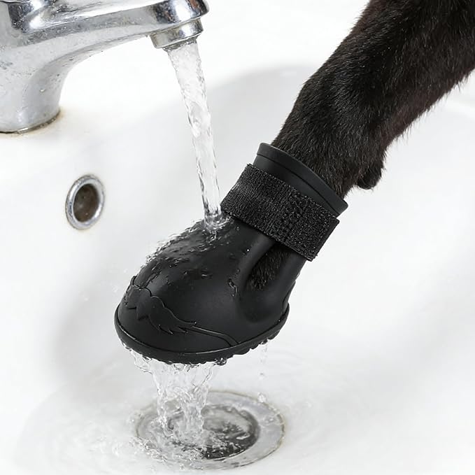 Yctze 4pcs Silicone Protective Dog Boots, Antislip Snow Shoes for Small Dogs, Ideal for French, Cute Pet Rain Wellies (L Black)