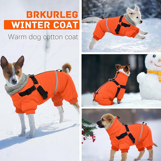 BRKURLEG Small Dog Winter Coat with Harness Built in, Orange Winter Dogs Jackets, Fullbody Dog Coat, Dogs Snowsuits Reflective Windproof Cold Weather Coats, Pet Warm Fleece Coats, M