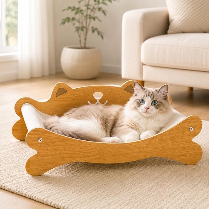 Cat Scratcher Bed for Indoor Cats & Hammock Lounge & Scratch Pad,Wooden Modern Cat Scratcher & Cat Beds & Furniture Sturdy and Durable for All Types of Cats Play and Rest
