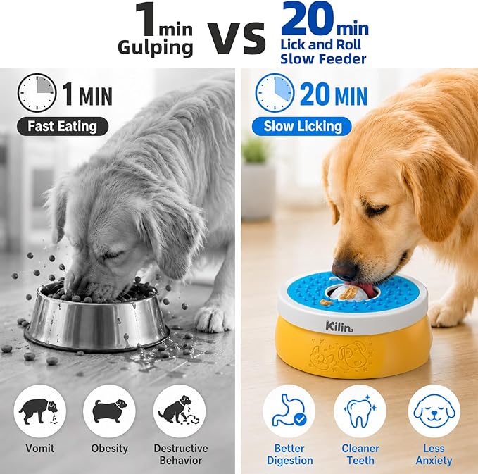 KILIN Dog Lick Bowl Slow Feeder - Non-Spill Dog Enrichment Toys, Lick and Roll Bowl 1 Cup/8 FL OZ, for Dogs with Bone Broth, Yogurt and Wet Puppy Treat, Interactive Licking Ball for Dogs with Anxiety