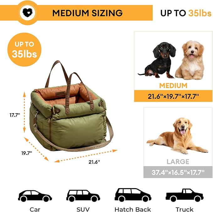 FUNNYFUZZY Luxury Dog Car Seat for Small Medium Dogs Under 35 lbs, Waterproof Leather Pet Booster Seat with Safety Leash & Anti-Slip Base, Fully Padded Dog Car Bed, Portable Puppy Carrier(Green)