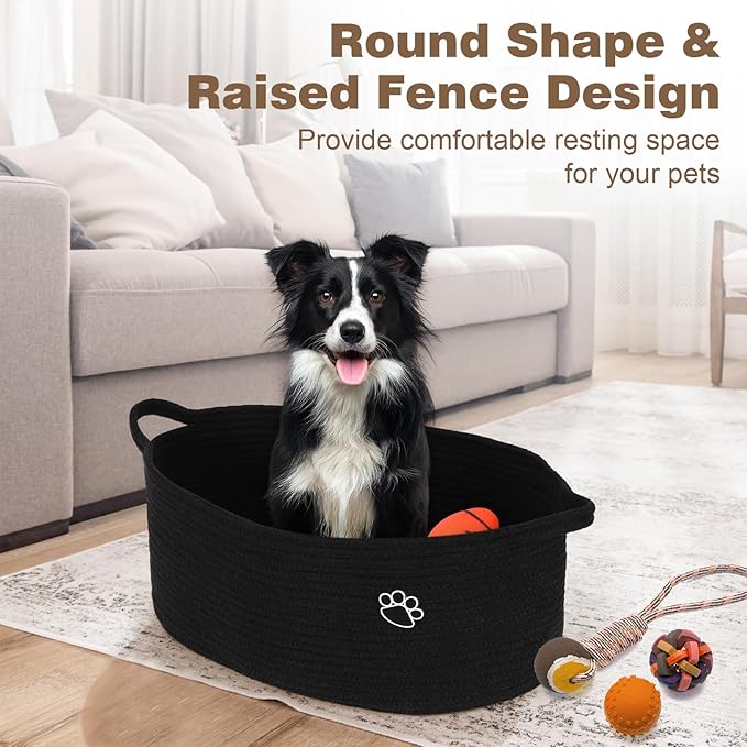 Optish Dog Toy Basket, Toy Storage Box and Bin with Handles, 19.7" X 11" X 7.9" (30L) Large Woven Rope Basket for Blankets, Living Room, Bedroom, Black