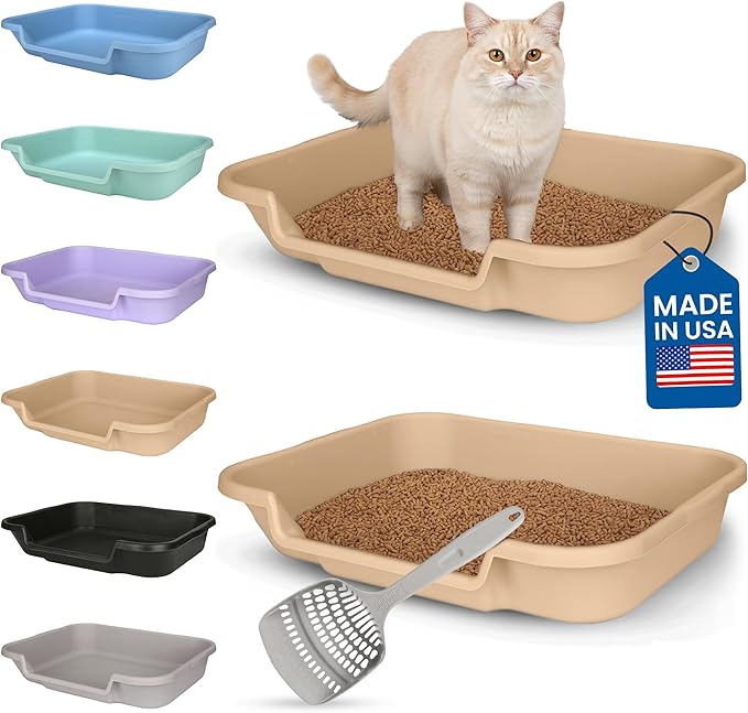 KittyGoHere Senior Cat Litter Box, Large Litter pan with Long-Handle Jumbo Scoop, Open Top Low Entrance Kitty Litter Box, Lightweight Low Entry Litters Box, Durable, Made in USA (2 Pack - Beach Sand)