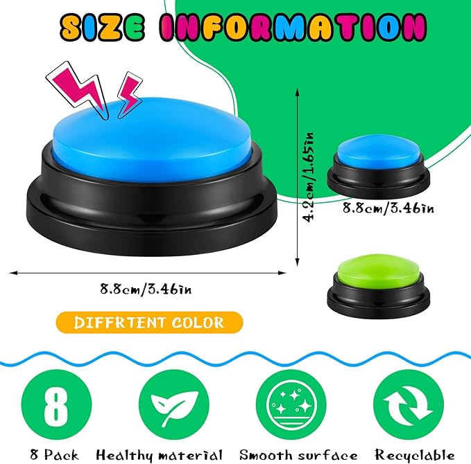 Honoson 8 Pieces Recordable Answer Buzzers Button for Trivia Games Show Buzzers Recording Buttons Gifts for Classroom Team(Blue,Green Color)