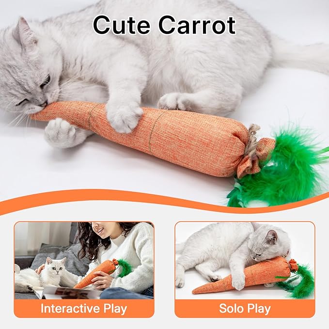 Carrot Catnip Toys with Crinkle Paper for Indoor Cats to Keep Them Busy, Soft Linen, Interactive Cat Feather Toys for Kitten Kicking, Teething, Exercise, Catmint Toys for All Breeds (1 PCS)