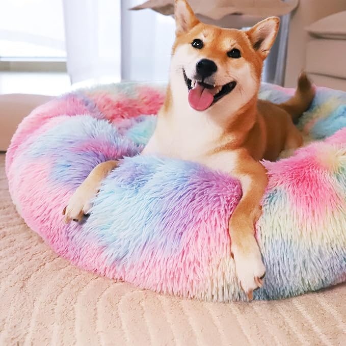 Patas Lague Calming Dog Bed for Medium Dogs, Fluffy Soft Cozy Cat Bed, Faux Fur Anti-Anxiety Plush Washable Pet Donut Cuddler for All Seasons 24IN, Mixed Rainbow
