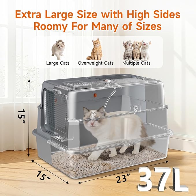 Stainless Steel Litter Box with Lid, High Sided Enclosed Metal Litter Box for Big Cats, Easy Cleaning Anti-Urine Leakage, Non-Sticky Cat Box, Front Entry Top Exit KittyBox, Includes Mat & Scoop