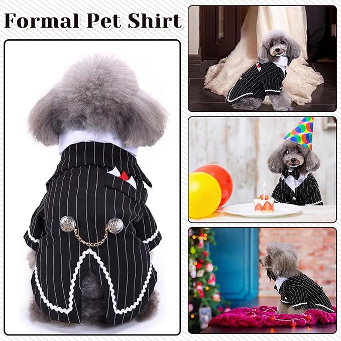 DENTRUN Dog Tuxedo Suit with Bow Tie - Formal Black & White Striped Pet Costume Shirt, Elegant Wedding Outfit Birthday Party Attire for Golden Retriever Husky Border Collie Large Dogs, XXL