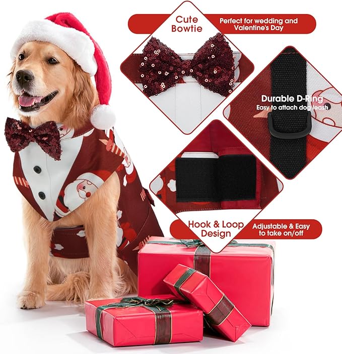 Kuoser Christmas Dog Tuxedo Dogs Suit and Bandana Set, Santa Claus Doggy Christmas Outfit Adjustable Pet Xmas Costume with Bow Tie for Large Medium Small Dogs Golden Retriever Samo Bulldogs, Red S